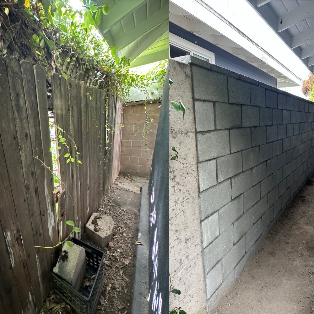 Before: old, rotten wood fence After: beautifully constructed block wall