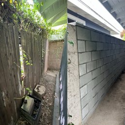 Before: old, rotten wood fence After: beautifully constructed block wall Before: old, rotten wood fence After: beautifully constructed block wall