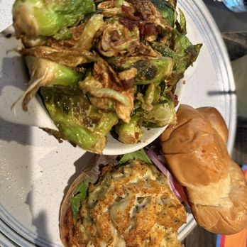 Wharf 38 - Crab cake sandwich and Brussels sprouts - Wine Bars Near Me - Deale, Maryland