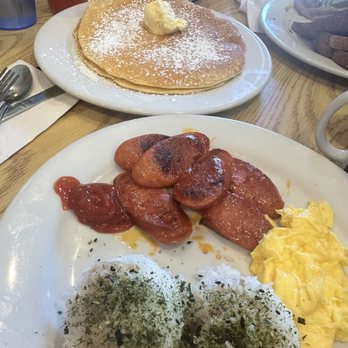 Kanani's Cafe - Portuguese Sausage, light scramble eggs and furikake on my rice! Ohhh this pancakes back there.... Butter Mochi!!!! - Breakfast & Brunch Near Me - Las Vegas, Nevada Kanani's Cafe - Portuguese Sausage, light scramble eggs and furikake on my rice! Ohhh this pancakes back there.... Butter Mochi!!!! - Breakfast & Brunch Near Me - Las Vegas, Nevada