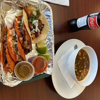 Lobo Taco - Birria tacos with consomé, al pastor taco and a Coca Cola - Tacos Near Me - Albuquerque, New Mexico