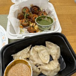 Desi Flames and Sweets - Mushroom tikka with green chutney and chicken momos (dumplings)