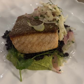 Hayworth - Laguna Blanca Aged Salmon with black forbidden rice, English pea puree, and fennel pear slaw - New American Near Me - Henderson, Nevada