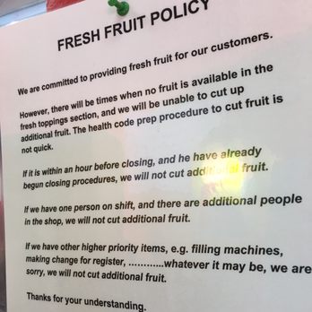 Corner Yogurt - Warning sign: DON'T ASK FOR ANY DAMNED FRUIT - Ice Cream & Frozen Yogurt Near Me - Redwood City, California Corner Yogurt - Warning sign: DON'T ASK FOR ANY DAMNED FRUIT - Ice Cream & Frozen Yogurt Near Me - Redwood City, California