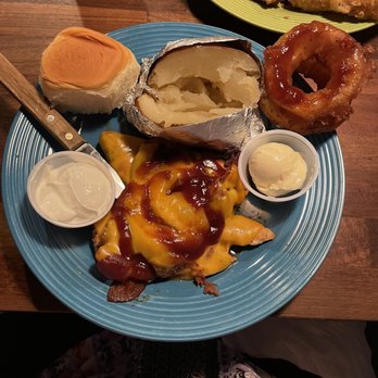 Shotgun Eddys - Bacon cheddar chicken with baked potato and onion ring side with a roll - American Near Me - Eddyville, Illinois Shotgun Eddys - Bacon cheddar chicken with baked potato and onion ring side with a roll - American Near Me - Eddyville, Illinois