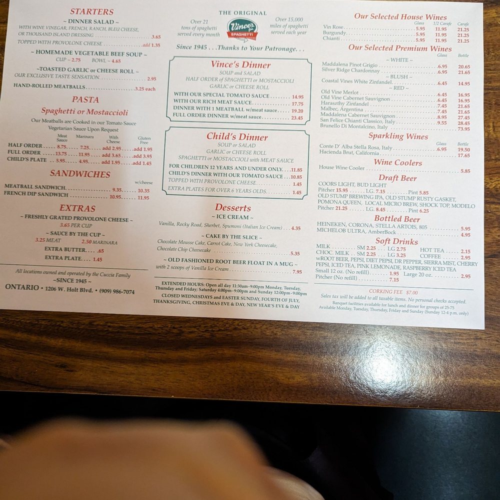 Vince's Spaghetti - Menu Nov. 19, 2023. Lasagna was available, but not listed in the menu. - Italian Near Me - Ontario, California Vince's Spaghetti - Menu Nov. 19, 2023. Lasagna was available, but not listed in the menu. - Italian Near Me - Ontario, California