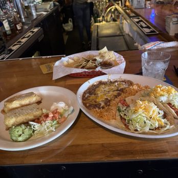 Reno Room - Chimichanga chicken, the taco plate with ground beef and shrimp taco with rice n beans - Dive Bars Near Me - Long Beach, California