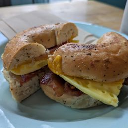 Bacon egg bagel ($10.50) - 3.5 stars. Bagel was a little hard, so it did slide around a bit when taking bites. Fri breakfast 2025-02-28 Bacon egg bagel ($10.50) - 3.5 stars. Bagel was a little hard, so it did slide around a bit when taking bites. Fri breakfast 2025-02-28