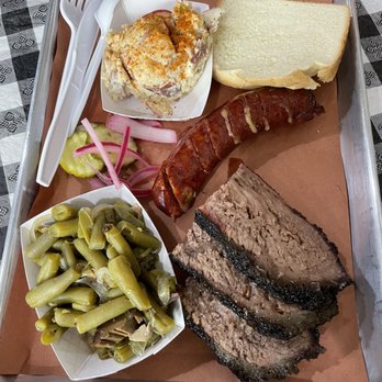 Shotgun Willie's BBQ - Brisket plate with green beans, dill tater slow, and jalapeño and cheese sausage - Barbeque Near Me - Madison, Tennessee Shotgun Willie's BBQ - Brisket plate with green beans, dill tater slow, and jalapeño and cheese sausage - Barbeque Near Me - Madison, Tennessee