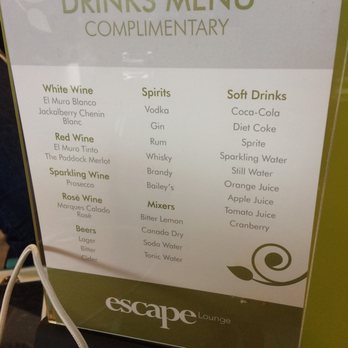 Escape Lounge - Complimentary drinks menu - Airport Lounges Near Me - Manchester Airport, XGM