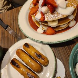 Bananas & Strawberry pancakes. Side of sausage Bananas & Strawberry pancakes. Side of sausage
