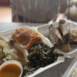 Ribs, southern bbq sauce, collards, cabbage, sweet potatoes. And cornbread.