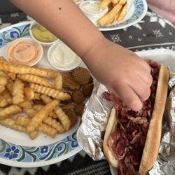 Rainbow Drive In - Visalia - Pastrami sandwich (my toddlers hand), fried pickles, okra and fries.