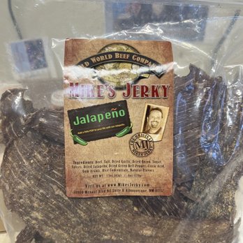 Mike's Jerky - Old ass stale jerkey! - A large, sealed plastic bag contains beef jerky with a label from Mike's Jerky, featuring jalapeño flavor and ingredients list, located in Albuquerque, NM. - Meat Shops Near Me - Albuquerque, New Mexico