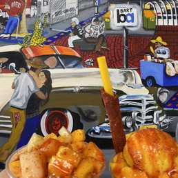 a painting of a man and a woman in a car in the background