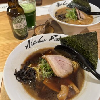 Miraku Boston - Yaki shoyu ramen (left), roasted sesame miso ramen (right), and Kyoto matcha beer - Ramen Near Me - Brookline, Massachusetts Miraku Boston - Yaki shoyu ramen (left), roasted sesame miso ramen (right), and Kyoto matcha beer - Ramen Near Me - Brookline, Massachusetts