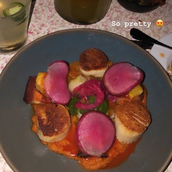Coasterra - Seared scallops, pork belly, pineapple, polenta, pickled radish - Mexican Near Me - San Diego, California Coasterra - Seared scallops, pork belly, pineapple, polenta, pickled radish - Mexican Near Me - San Diego, California