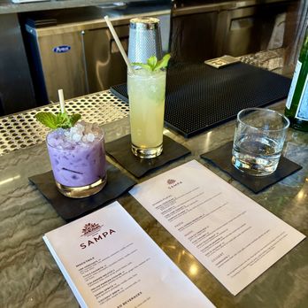 Sampa - Ube Horchata ($14, non-alcoholic) and Calamansi Mojito ($20) and the food and page 1 of drinks menu - Asian Fusion Near Me - Los Angeles, California Sampa - Ube Horchata ($14, non-alcoholic) and Calamansi Mojito ($20) and the food and page 1 of drinks menu - Asian Fusion Near Me - Los Angeles, California