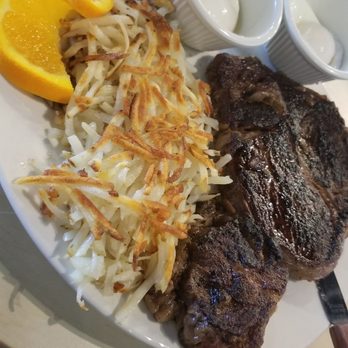 Mandys Cafe - Rib eye steak and eggs with hash and 2 poached eggs - Breakfast & Brunch Near Me - Bakersfield, California