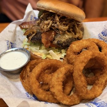 Islands Restaurant - Kilauea Burger with added bacon & Onion Rings - Burgers Near Me - Temecula, California