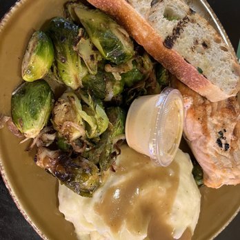 Urban Plates - Salmon, Brussels sprouts and Mashed Organic Potatoes W. Gravy - New American Near Me - Brea, California
