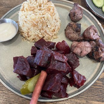 Dvine Mediterranean Experience - Brea - Lamb Kebab with Beet Salad (great tasting kebab) - Mediterranean Near Me - Brea, California Dvine Mediterranean Experience - Brea - Lamb Kebab with Beet Salad (great tasting kebab) - Mediterranean Near Me - Brea, California