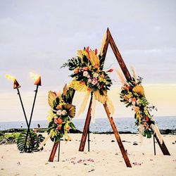 Feel the Touch of Aloha - Backdrop, setting archway with a ceremony started at overlooking a beautiful beach at the Kona salt Farm