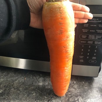 Roe Orchards - End of season beauty - A person is holding a large, irregularly shaped carrot with a thick top and tapered bottom, positioned in front of a microwave oven on a black countertop. The carrot's surface shows natural ridges and color variations, and the person's hand is partially visible, gripping the carrot near the top. The background includes a microwave with control buttons and a metallic finish, along with other kitchen items. - Fruits & Veggies Near Me - Chester, New York