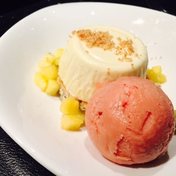 Dell'anima - Meyer Lemon Panna Cotta with Lemon Poppy Seed Cake, Tropical Fruit, Guava Sorbet - Italian Near Me - New York, New York