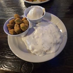 Chicken fried steak was perfect. Mashed potatoes and okra on the side.