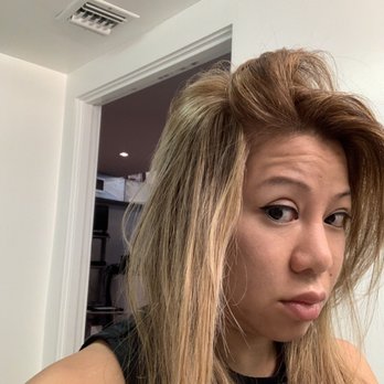 Line 12 Hair Studio - Unevenness blonde tones and broken hair from over processing. Day after - Blow Dry/Out Services Near Me - West Hollywood, California Line 12 Hair Studio - Unevenness blonde tones and broken hair from over processing. Day after - Blow Dry/Out Services Near Me - West Hollywood, California