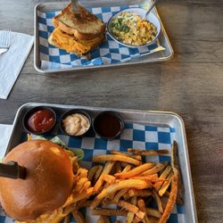 Maggie's R&R - Brisket grilled cheese , street corn, bacon brisket burger, fries
