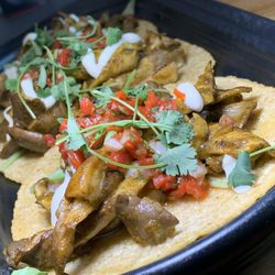 Roca - Mushroom Tacos: Local Sprout-It Mushrooms, Arugula, Tofu Crema, Red Chimichurri. (Kalamazoo Vegan Chef Challenge 5/26)