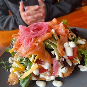 Bubz - Open faced smoked salmon sandwich on top of a The OG bubble waffle - Cafes Near Me - Bremerton, Washington