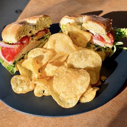 Margie’s Java Joint - The Lexi - turkey, cream cheese, lettuce, tomato, onion, pesto, apricot jam bagel. Outstanding!