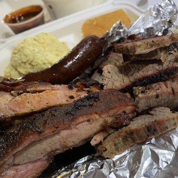 Clyde's Southern - 2 Meat Platter (brisket and ribs - both dry but smoky) plus Hot Link  (spicy). Sides: cornbread, potato salad, baked beans - Barbeque Near Me - Renton, Washington