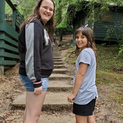 Camp Ton-A-Wandah - Kate and Rebecca Lewis of Vero Beach, Florida, arrive at Camp Tonawandah in Flat Rock, North Carolina.