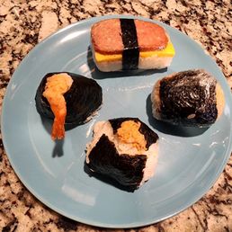 Spam, shrimp tempura, spicy tuna, karaage