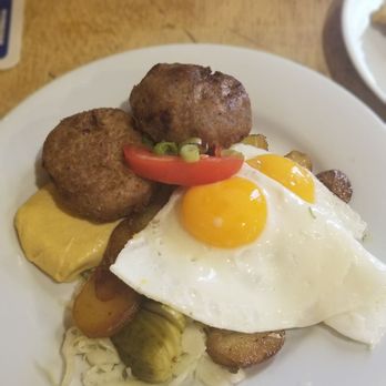 Stadtklause - 2 meatballs (yum), 2 fried eggs, and potatoes (also came with pickles) - German Near Me - Berlin, BE