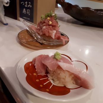 Octopus Garden - Blue Fin Tuna Otoro Nigiri ($15) - front. Blue Fin Tuna Otoro Max ($16) - back, has a negitoro pile on top. Cut was a bit sloppy. - Japanese Near Me - Vancouver, British Columbia