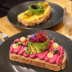 The Avocado Show - The Heart Beet Rose Avocado Toast (Mango Curry Tango toast is in the back)