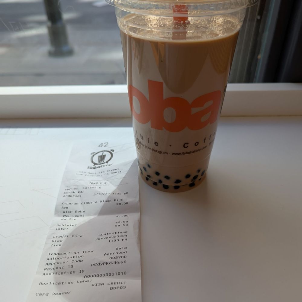Extra large black milk tea with no ice (it was a full cup when I got it) + extra charge for no ice. Extra large black milk tea with no ice (it was a full cup when I got it) + extra charge for no ice.
