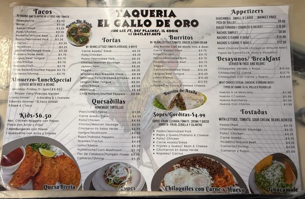 Menu photo 1 Taqueria El Gallo de Oro Des Plaines, IL Menu photo 1 Taqueria El Gallo de Oro Des Plaines, IL