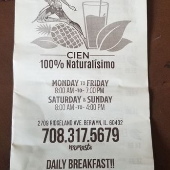 Cien 100% Naturalisimo - Menu Cover - Vegan Near Me - Berwyn, Illinois