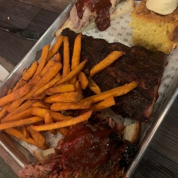 Smoke Daddy - Smoked Meat Platter with Sweet Potato Fries, Pulled Pork, burnt ends, and Half St. Louis ribs plus Cornbread - Barbeque Near Me - Chicago, Illinois Smoke Daddy - Smoked Meat Platter with Sweet Potato Fries, Pulled Pork, burnt ends, and Half St. Louis ribs plus Cornbread - Barbeque Near Me - Chicago, Illinois