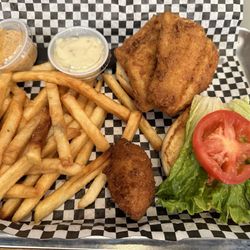 Fiddler's steam House & Oyster Bar - Fried grouper sandwich, fries and a hush puppy