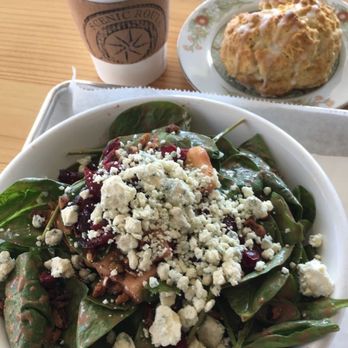Scenic Route Bakery - Spinach salad, almond scone, and drip coffee. - Bakeries Near Me - Des Moines, Iowa Scenic Route Bakery - Spinach salad, almond scone, and drip coffee. - Bakeries Near Me - Des Moines, Iowa