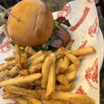 Heroes Restaurant and Brewhouse - The Red Tractor Burger with Garlic Fries - American Near Me - Ontario, California Heroes Restaurant and Brewhouse - The Red Tractor Burger with Garlic Fries - American Near Me - Ontario, California