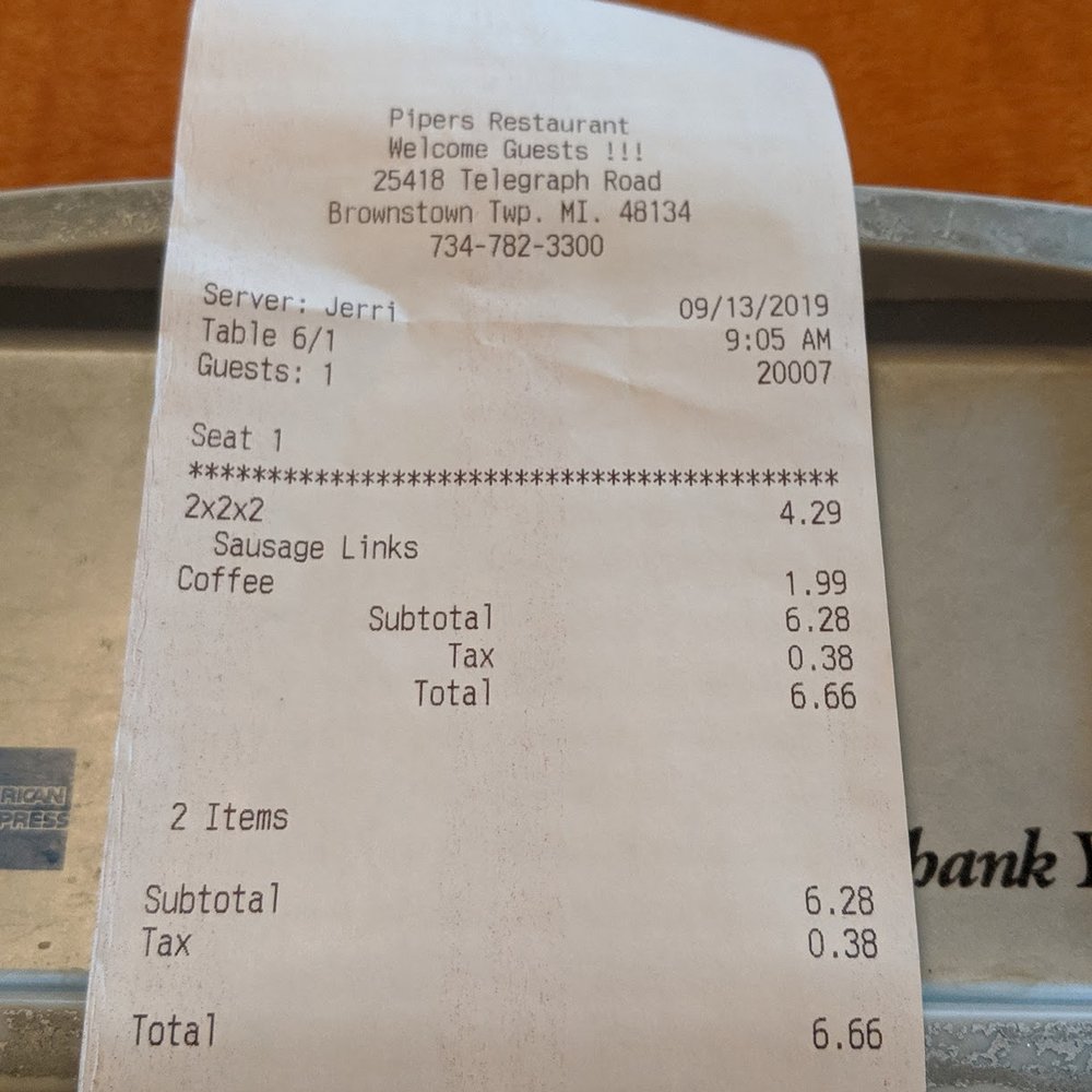 Pipers Restaurant - My Receipt - American Near Me - Flat Rock, Michigan