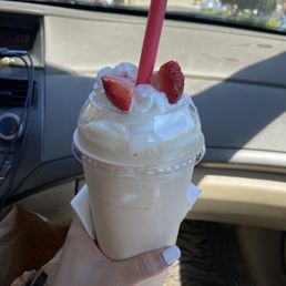 Banana shake--creamy, smooth, and not icy at all! We loved the bit of yogurt tang to it! Banana shake--creamy, smooth, and not icy at all! We loved the bit of yogurt tang to it!